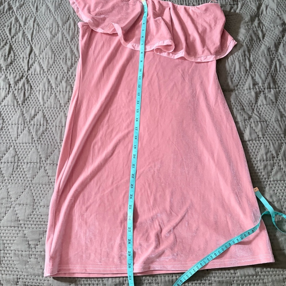 NWT Sugar + Lips Rose Pink Velvet One Shoulder Ruffle Mini Dress Size Large - Picture 6 of 8